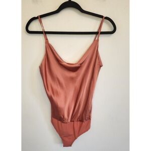 INTERMIX Silk Cowl Neck Spaghetti Strap Bodysuit Rose Gold Extra Small NEW